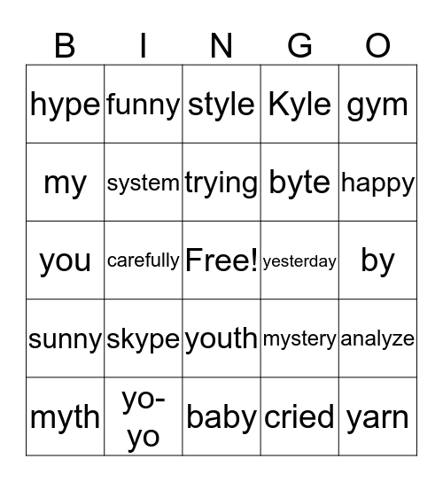The Letter Y Bingo Card