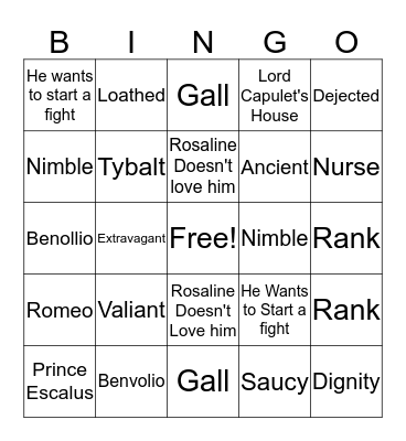 Romeo and Juliet Bingo Card