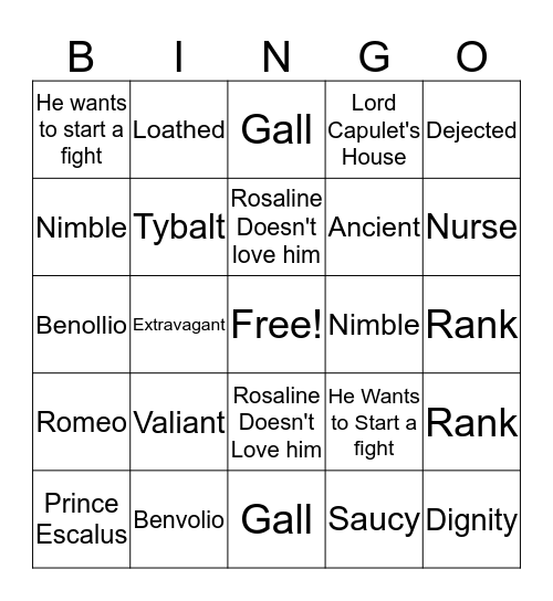 Romeo and Juliet Bingo Card