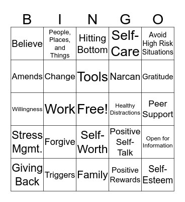 Recovery Bingo Card