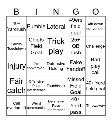 Super Bowl  Bingo Card