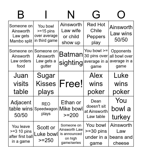 Bowling Bingo Card