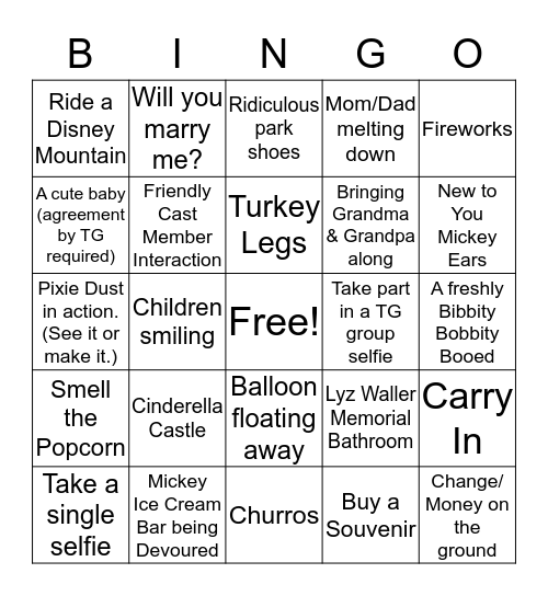 Team Goddess Magic Kingdom Bingo Card