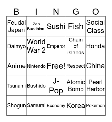 Japan Bingo Card