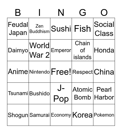 Japan Bingo Card