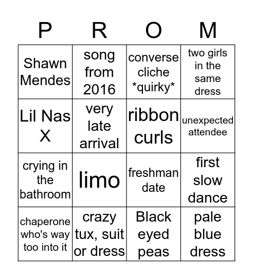 Prom Bingo Card
