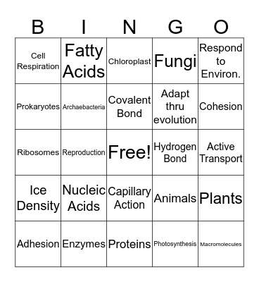 Quarter 2 Biology Review Bingo Card
