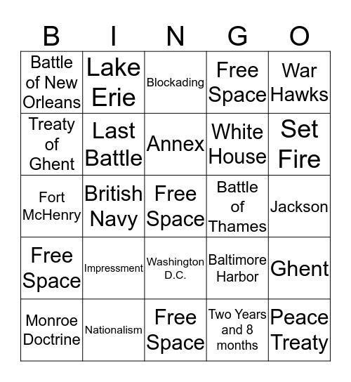 War of 1812 Bingo Card