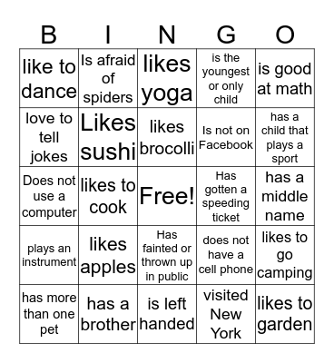 Get to know you Bingo Card