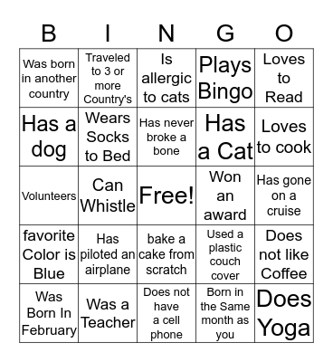 Find a Friend BINGO Card