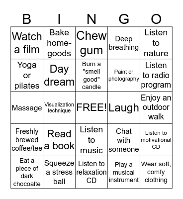 Stress-Relieving Bingo Card