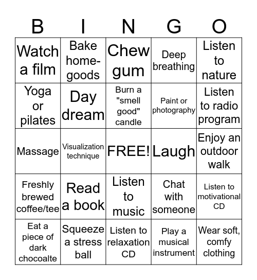 Stress-Relieving Bingo Card