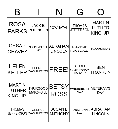 FAMOUS AMERICANS AND HOLIDAYS BINGO Card
