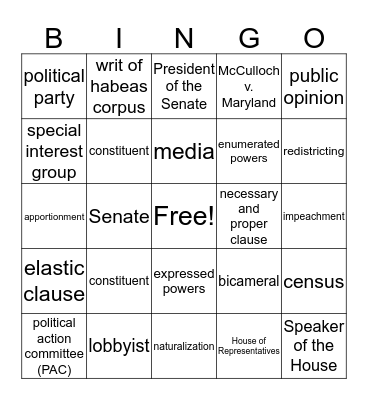 Influence on the Lawmaking Process  Bingo Card