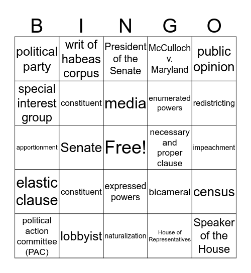 Influence on the Lawmaking Process  Bingo Card