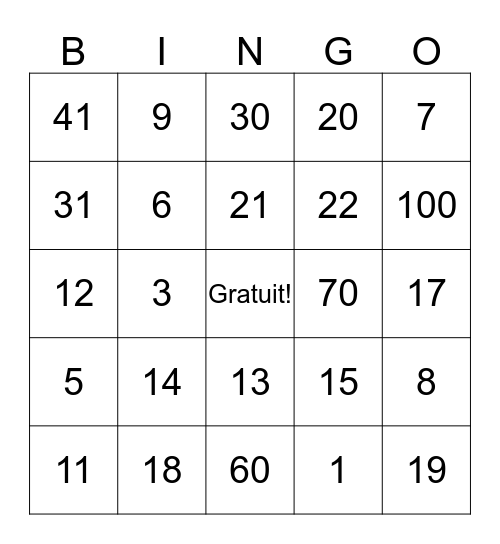 JE L'AI: Les Nombres 0 à 100 Bingo Card