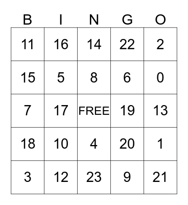Number Bingo Card