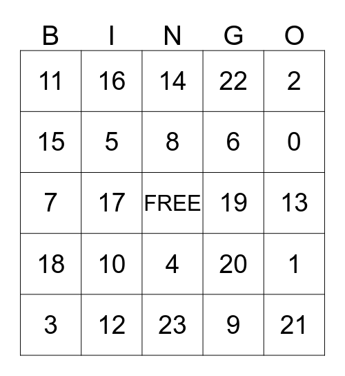Number Bingo Card