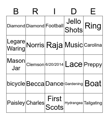 Becca's Bride Bingo Card