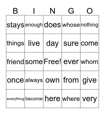 First Grade Sight Word  Bingo Card