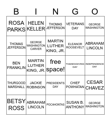 FAMOUS AMERICANS AND HOLIDAYS BINGO Card