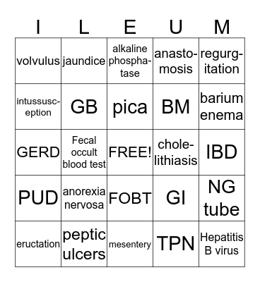 Digestive Bingo Card