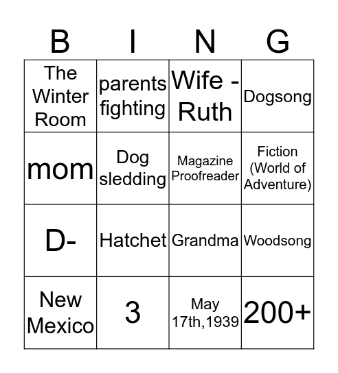 Gary Paulsen Bingo Card