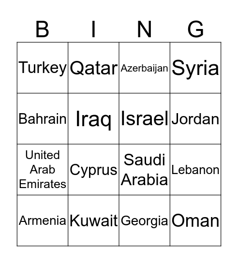 Western Asia Bingo Card