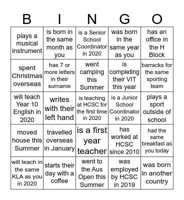 HCSC Staff Bingo. Find someone who... Bingo Card