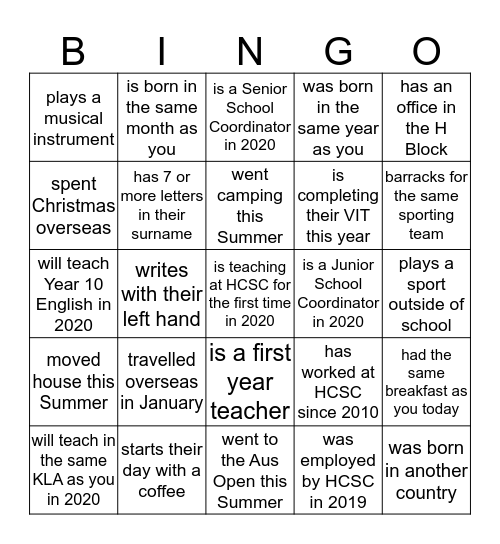 HCSC Staff Bingo. Find someone who... Bingo Card
