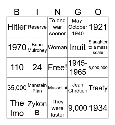 HISTO Bingo Card