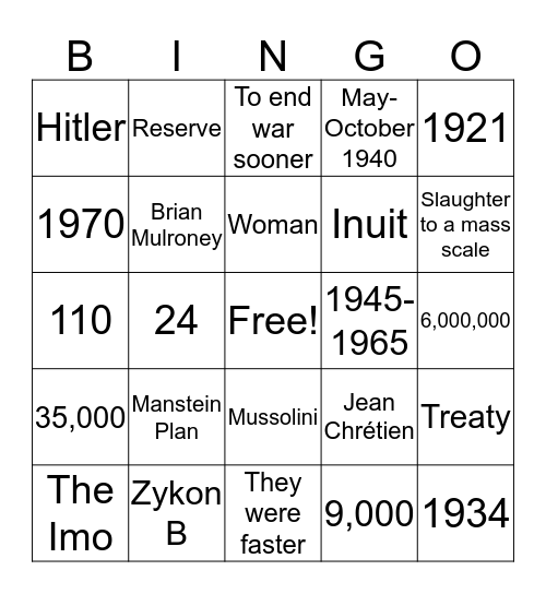 HISTO Bingo Card