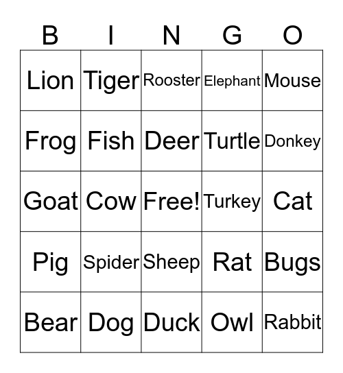 Animals Bingo Card
