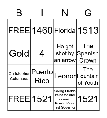 Juan Ponce De Leon Bingo Card