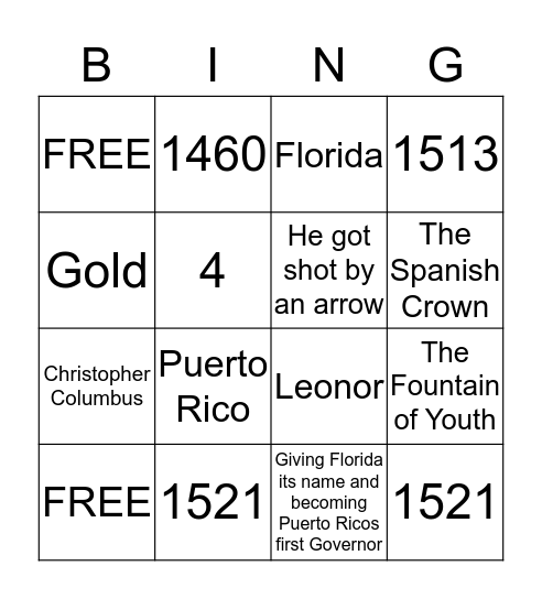 Juan Ponce De Leon Bingo Card