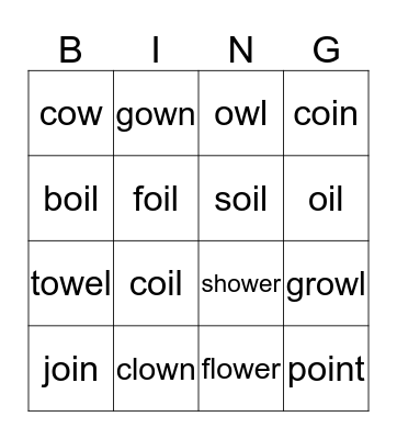 'ow' and 'oi' Bingo Card