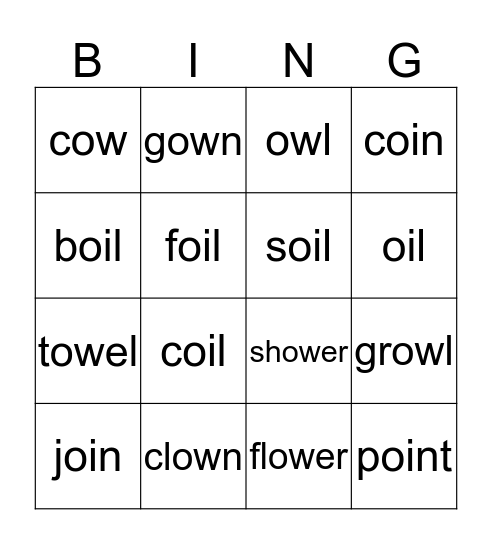 'ow' and 'oi' Bingo Card