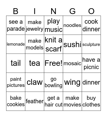 A Day Out/Being Creative Bingo Card