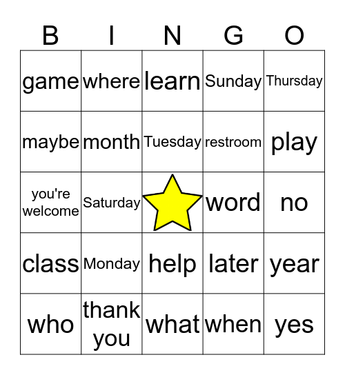 American Sign Language Bingo Card