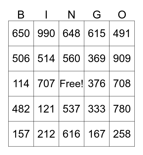 Maths Bingo (Numbers up to 1000) Bingo Card