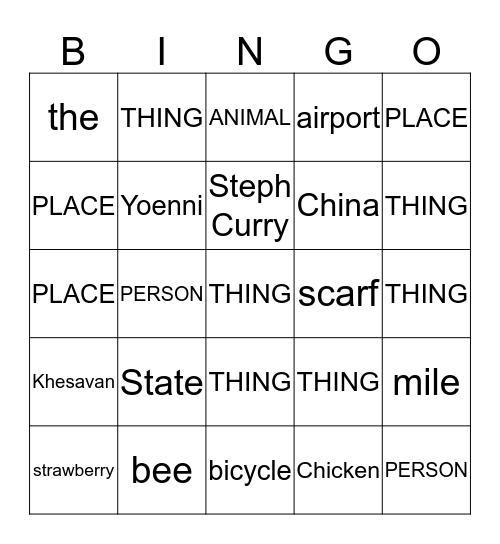 Different Kinds of Nouns Bingo Card