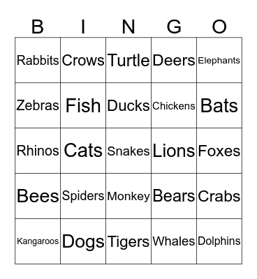 Animal Bingo Card