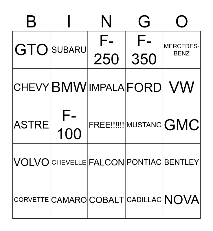 WHAT IS YOUR FAVORITE CAR? Bingo Card