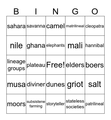 West Africia Bingo Card