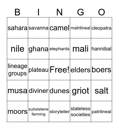 West Africia Bingo Card