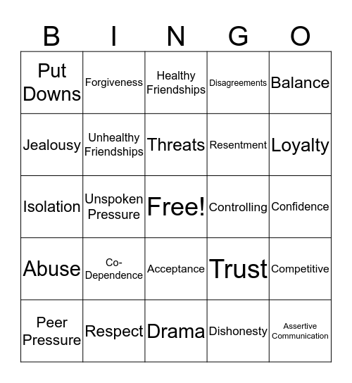 Healthy/Unhealthy Relationships Bingo Card