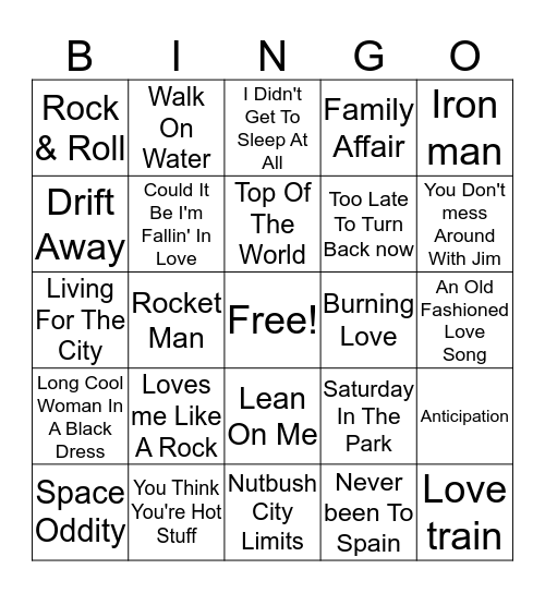 70s Hits Bingo Card