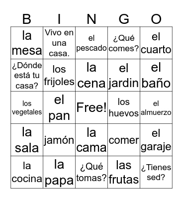 Spanish House and Food Bingo Card