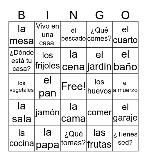Spanish House and Food Bingo Card