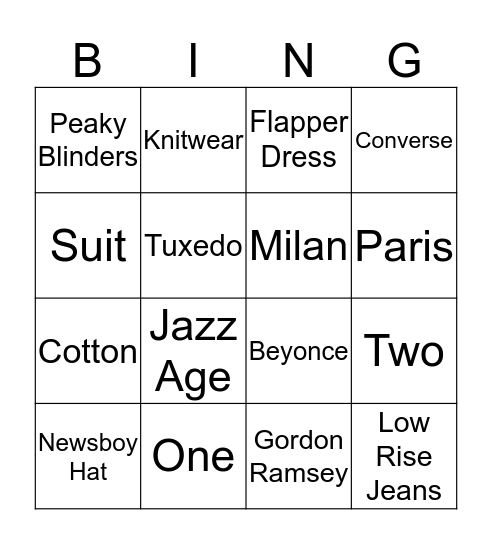 1920s vs 2020 Bingo Card